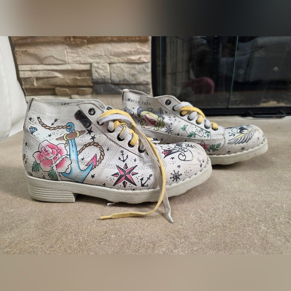 O.X.S. Ankle Sneaker Boot Tattoo Leather Laced Women Size 36/6 Biker Marco Polo